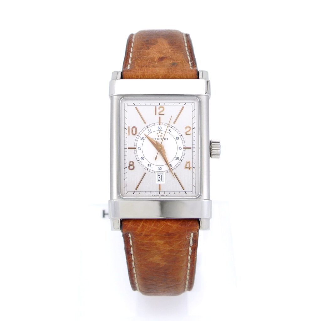 Eterna Matic 1935 Automatik Armbanduhr. Referenznummer 8490/41, teilweise poliertes/mattes Edelstahlgehäuse mit 3 Zeiger Etawerk, zentraler Sekunde und Datumsfenster bei 6 Uhr. Bild 1